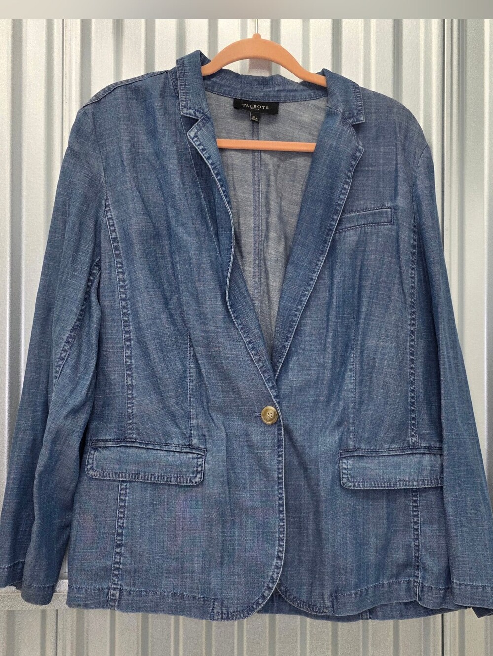 Talbots Sz Petite XL Chambray Denim Single Button Blazer Jacket Linen Beach